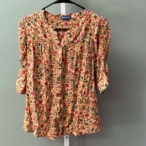 Democracy Orange Floral Ruched 3/4 Sleeve Blouse soft and flowy